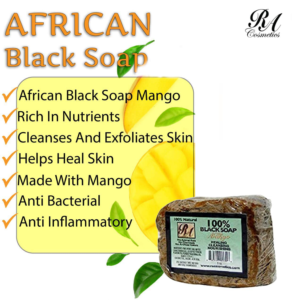 100% Natural African Black Soap, Mango Scent, 5 Oz, 141G