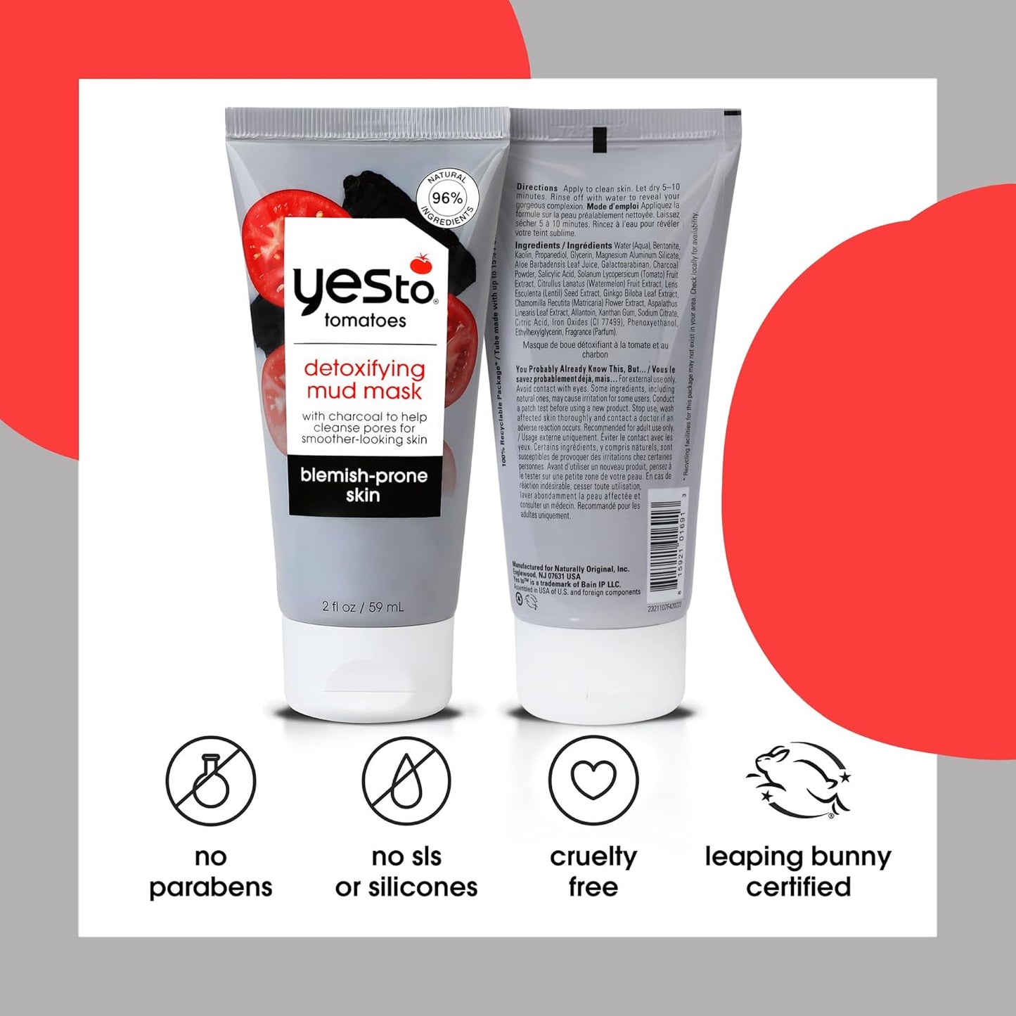 Tomatoes Clear Skin Detoxifying Charcoal Mud Mask for Acne Prone Skin Draw Out Impurities and Prevent Breakouts Contains Salicylic Acid 96 Natural Ingredients, Red, Tomato, 2.006 Fl Oz