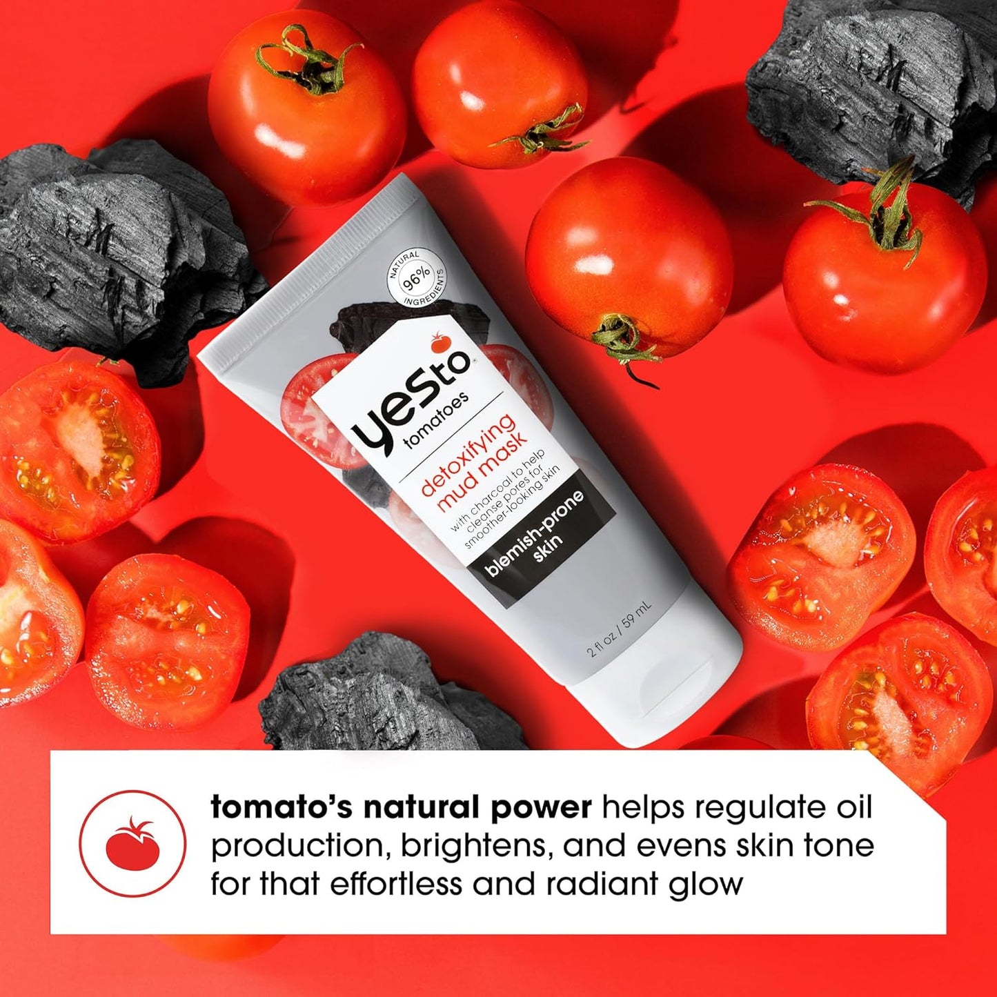 Tomatoes Clear Skin Detoxifying Charcoal Mud Mask for Acne Prone Skin Draw Out Impurities and Prevent Breakouts Contains Salicylic Acid 96 Natural Ingredients, Red, Tomato, 2.006 Fl Oz