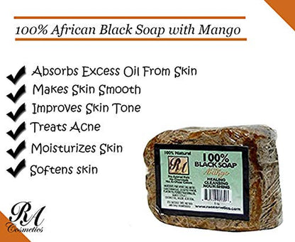 100% Natural African Black Soap, Mango Scent, 5 Oz, 141G