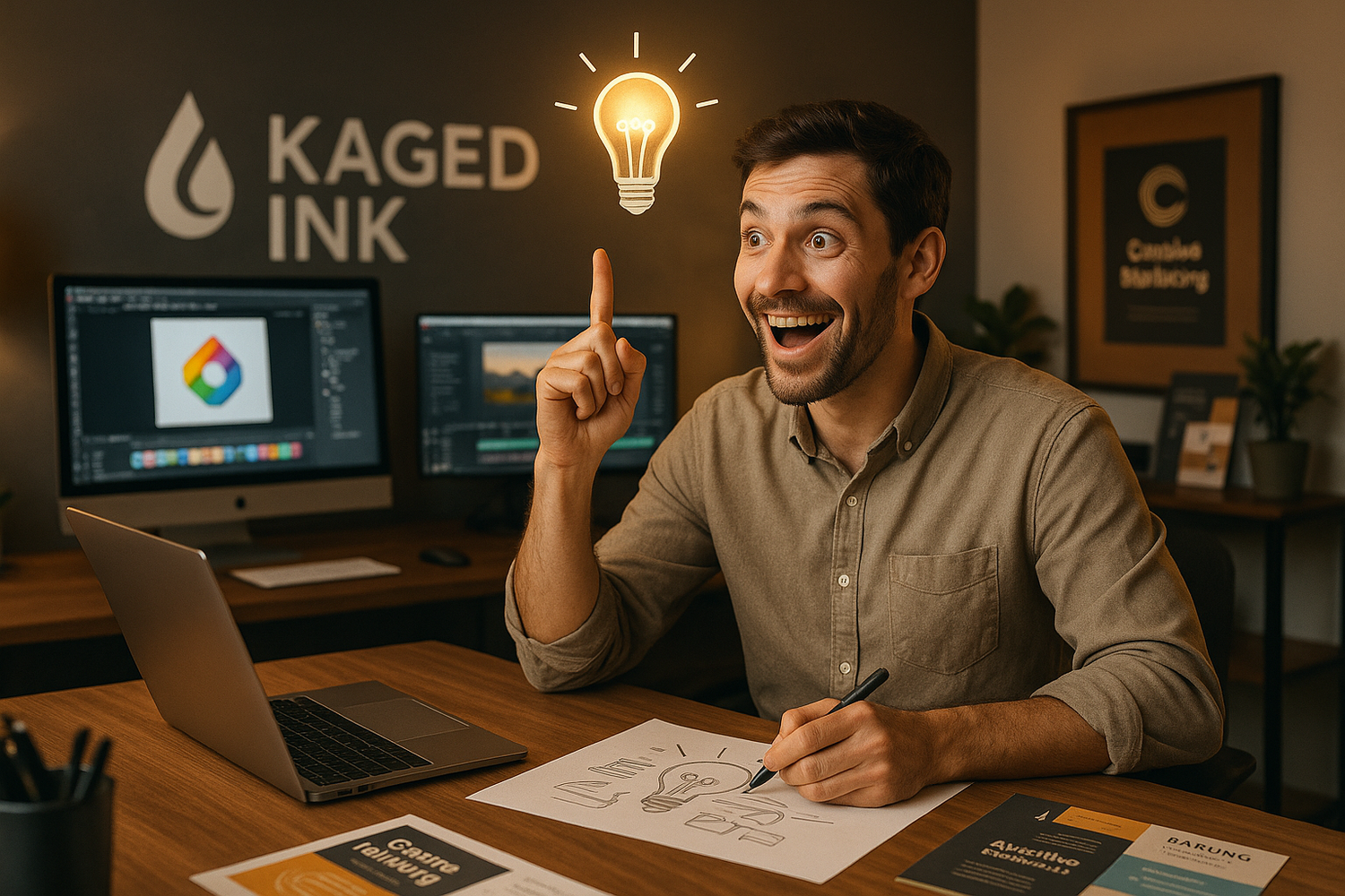 a small business owner who has an idea for a  graphic or video for an add, and finds the solution here at Kaged Ink
