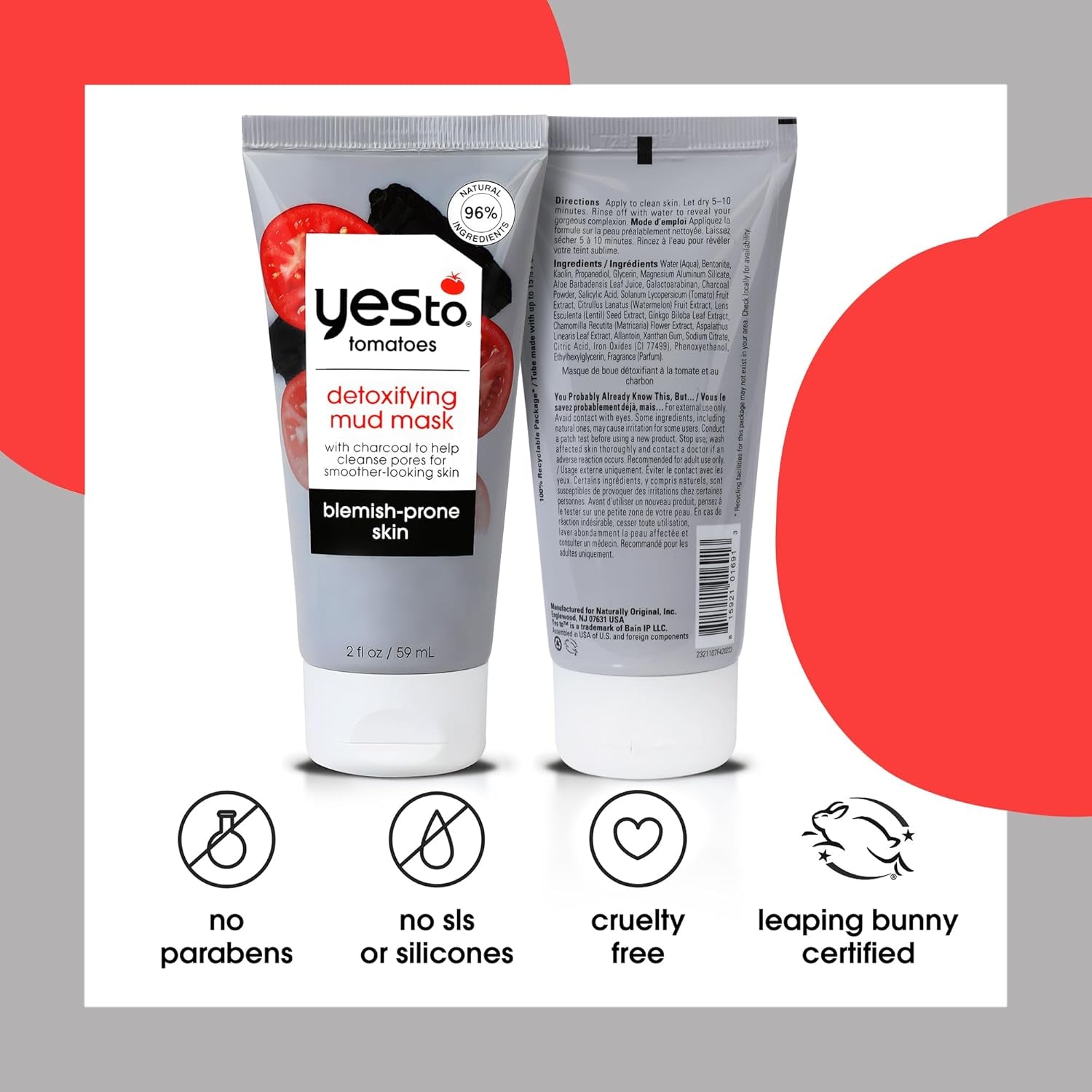 Tomatoes Clear Skin Detoxifying Charcoal Mud Mask for Acne Prone Skin Draw Out Impurities and Prevent Breakouts Contains Salicylic Acid 96 Natural Ingredients, Red, Tomato, 2.006 Fl Oz