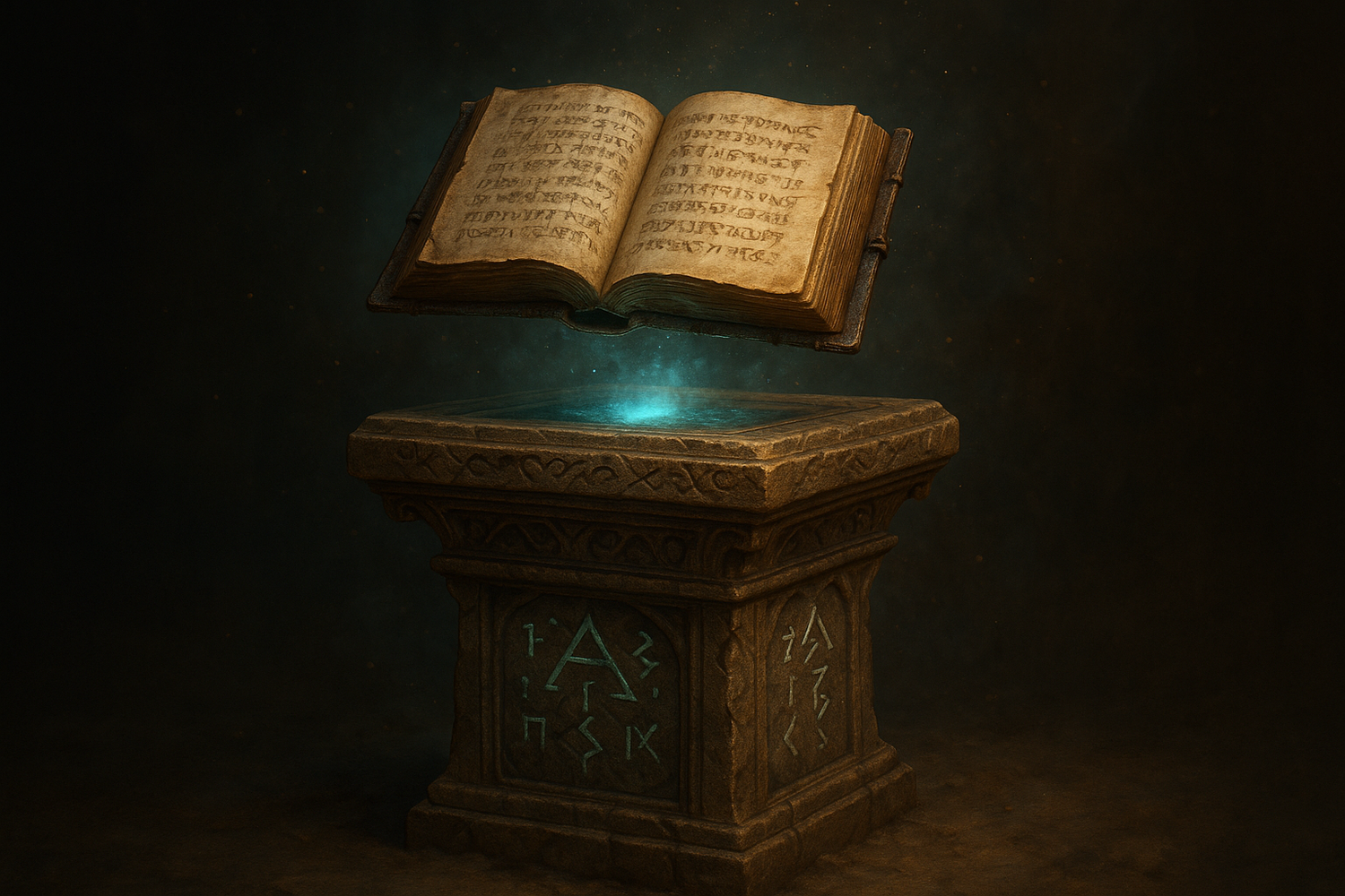 wizard like Pedestal with thick old tome hovering above, opening to a random page
